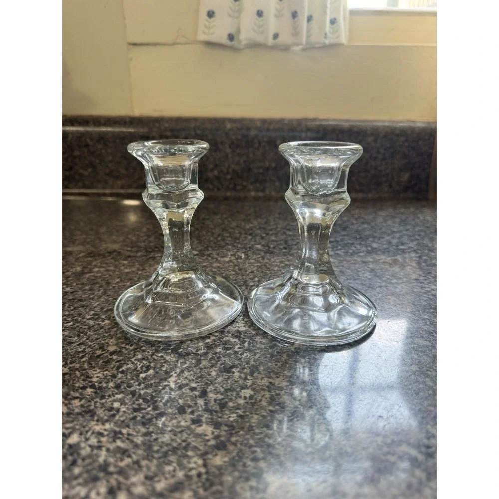 Glass Candlestick Holders Clear Hexagonal Base Pair Vintage Crissa Decor